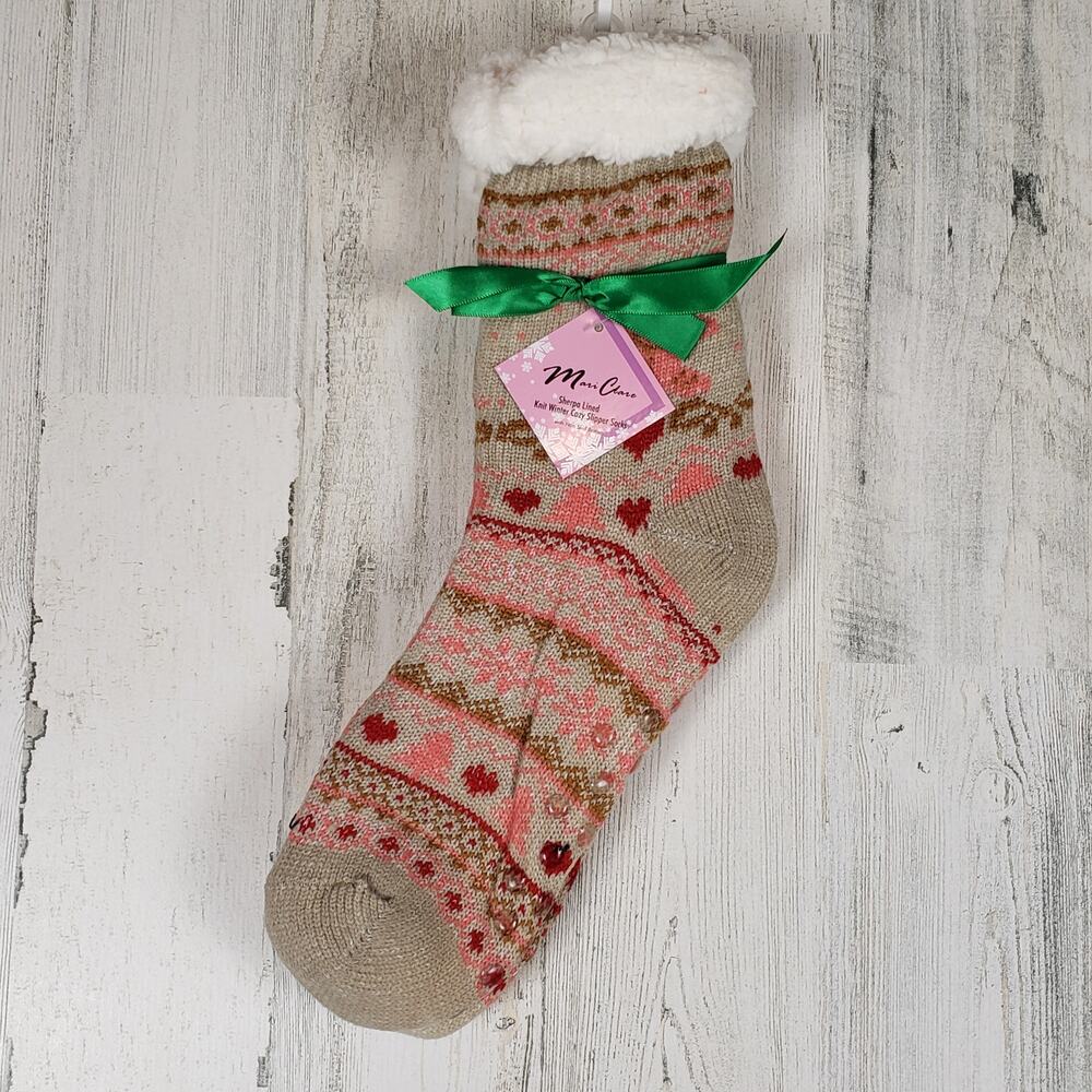 NWT Mari Clare Sherpa Lined Knit Winter Holiday Design No-Slip Slipper Socks
